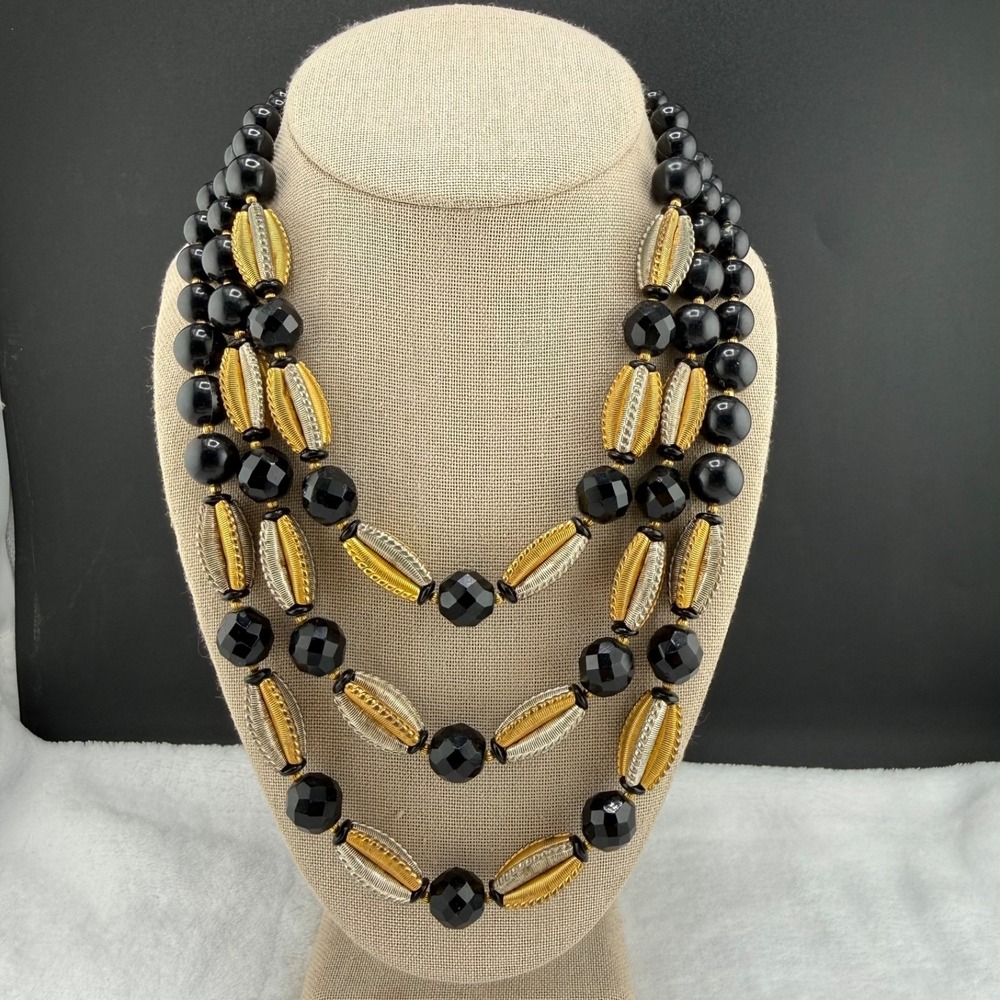 Vintage Estate Beaded‎ Necklace Gold Black Triple Strand Layered 17in